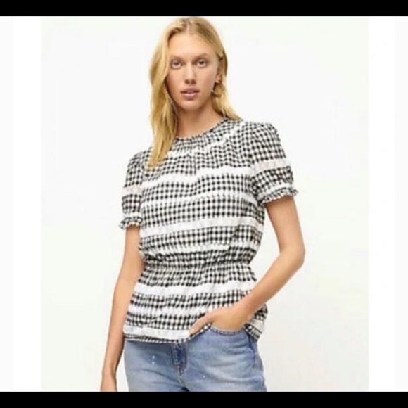 J Crew Gingham Check Daisy Lace Peplum Puff Sleeve Black White Top Size 2X - Picture 8 of 12